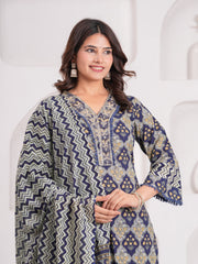 Maluka Women Navy Cotton Printed Kurta Pant Dupatta Set