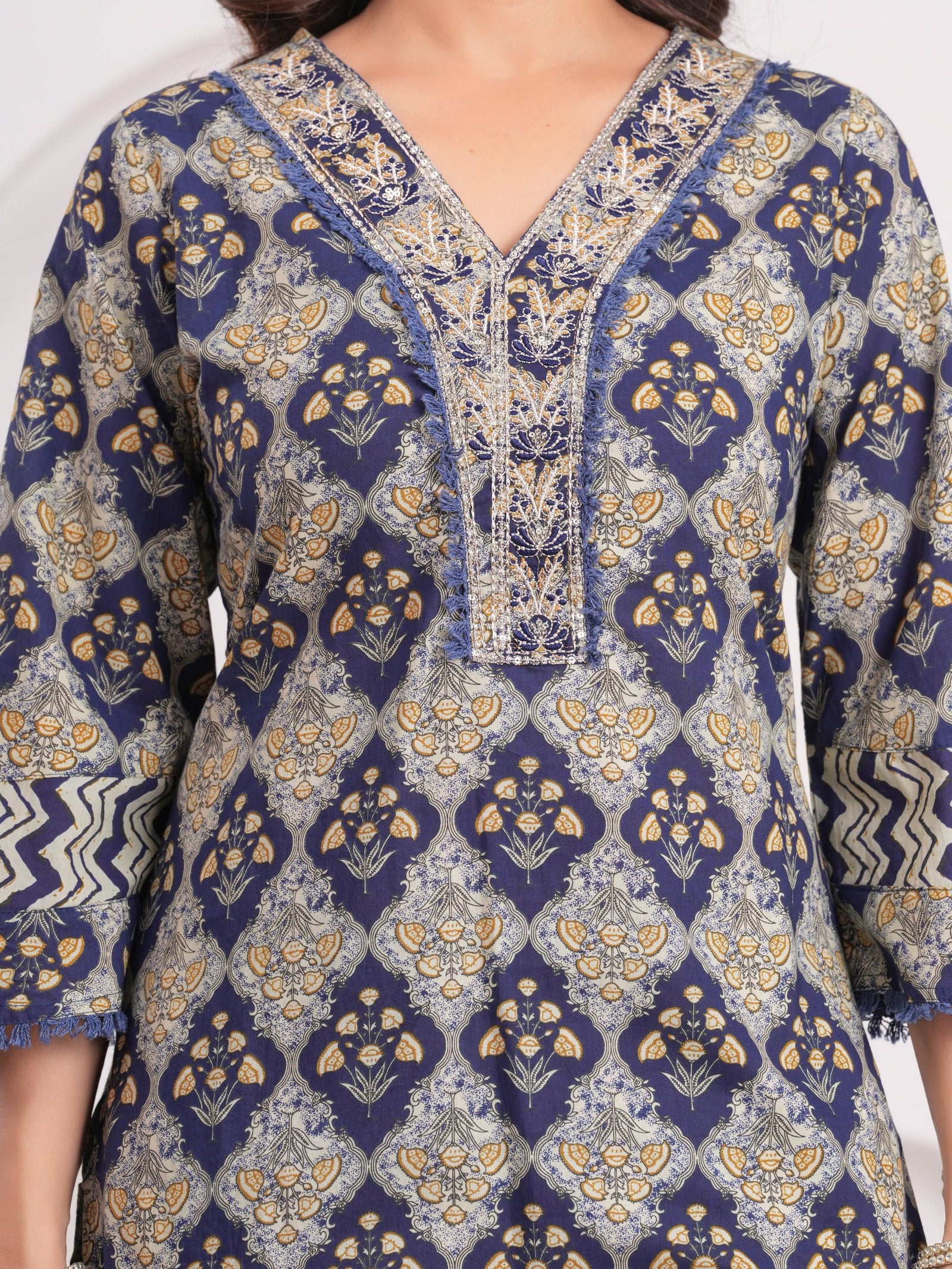 Maluka Women Navy Cotton Printed Kurta Pant Dupatta Set