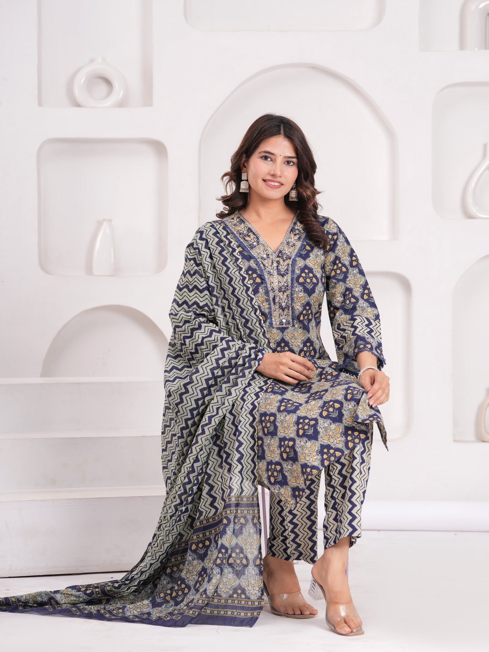 Maluka Women Navy Cotton Printed Kurta Pant Dupatta Set