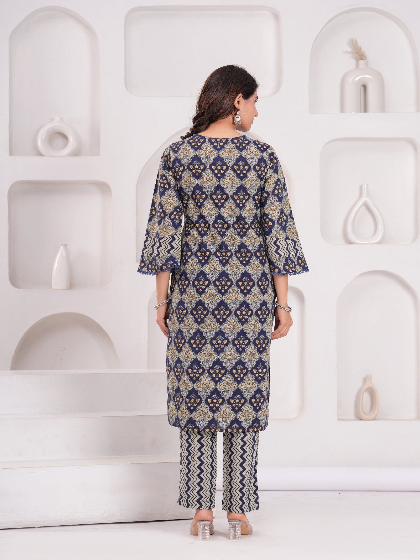 Maluka Women Navy Cotton Printed Kurta Pant Dupatta Set