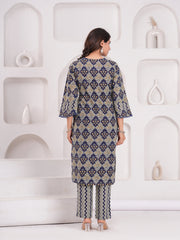 Maluka Women Navy Cotton Printed Kurta Pant Dupatta Set