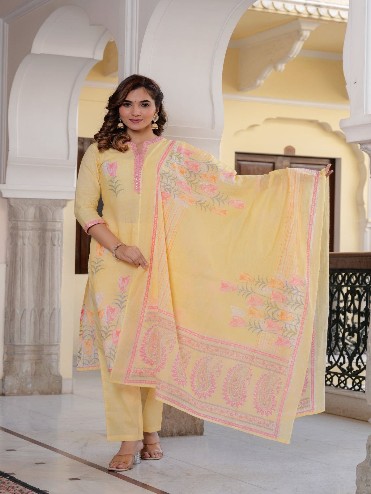 Maluka Women Yellow Cotton Floral Digital Printed Kurta Pant Dupatta Set