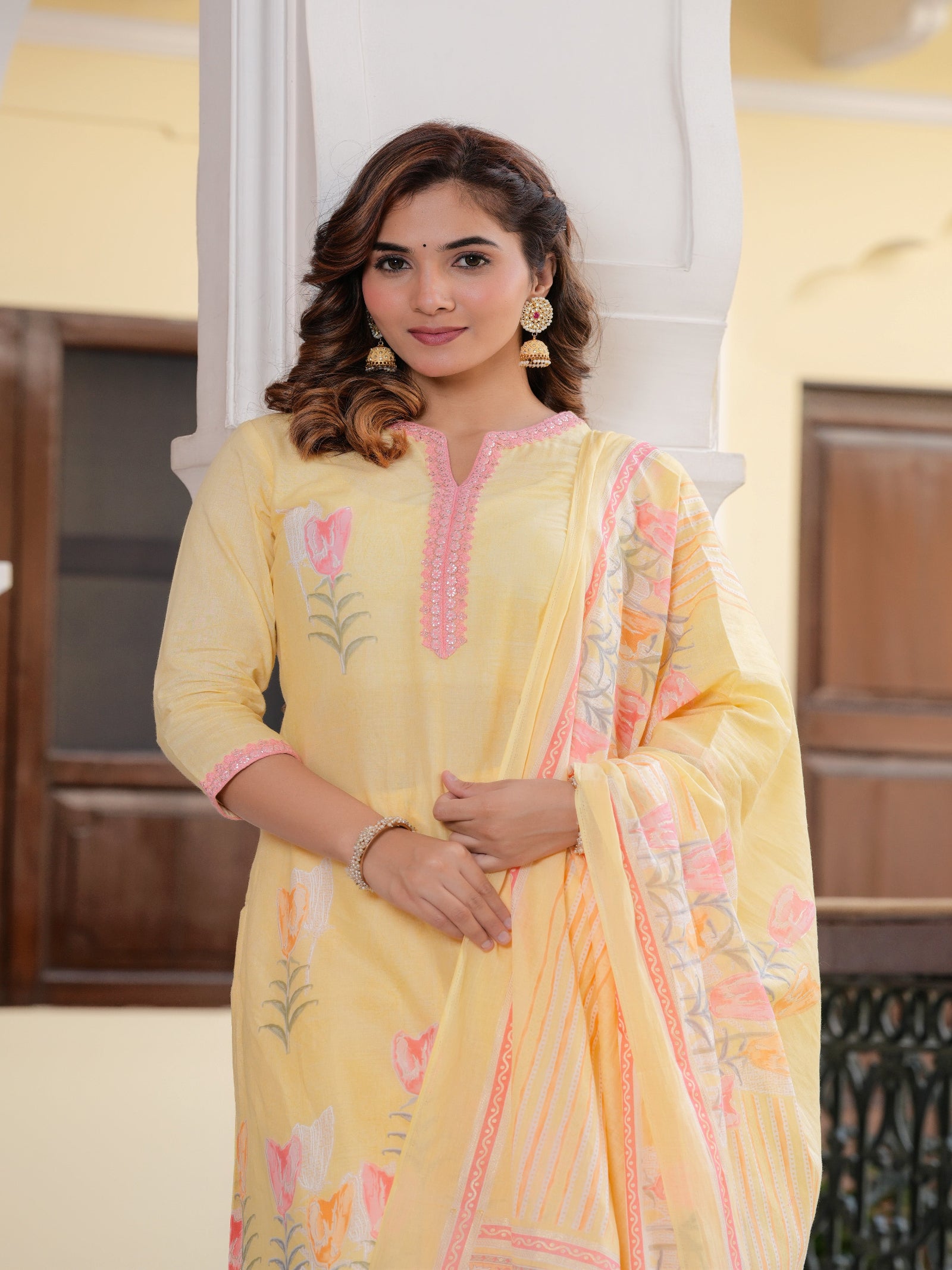 Maluka Women Yellow Cotton Floral Digital Printed Kurta Pant Dupatta Set