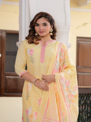 Maluka Women Yellow Cotton Floral Digital Printed Kurta Pant Dupatta Set
