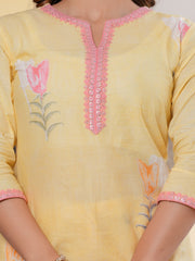 Maluka Women Yellow Cotton Floral Digital Printed Kurta Pant Dupatta Set