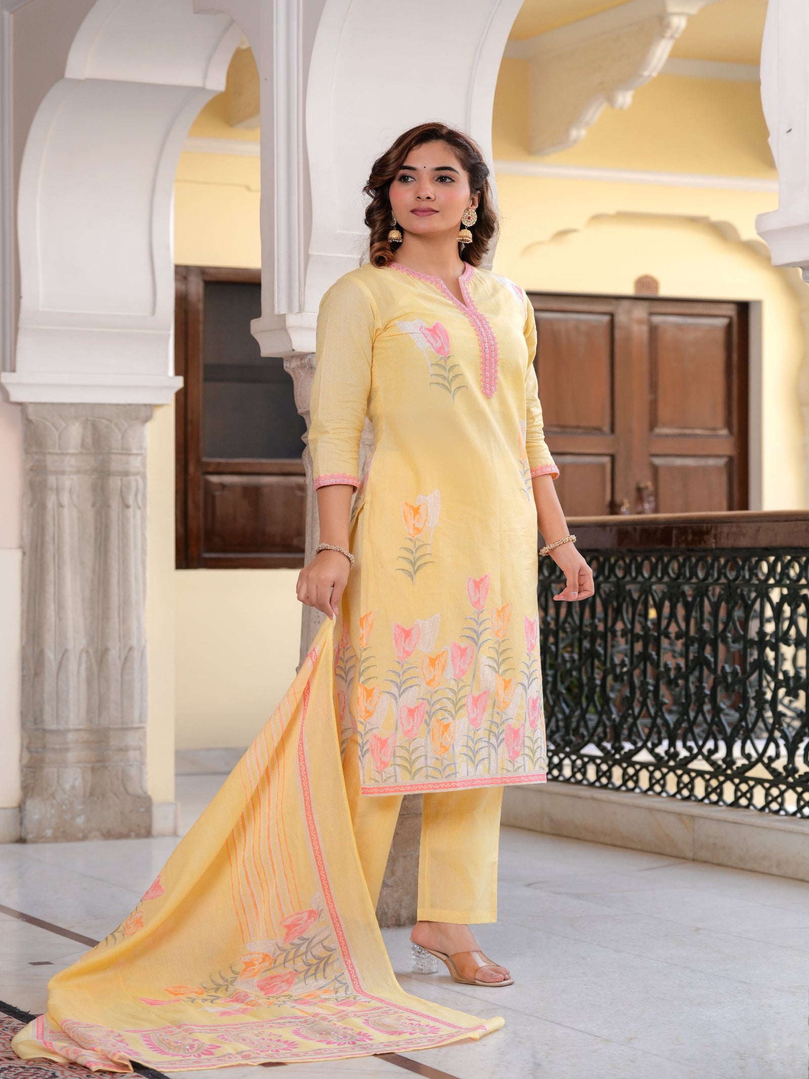 Maluka Women Yellow Cotton Floral Digital Printed Kurta Pant Dupatta Set