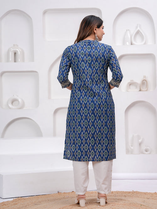 Maluka Women Blue Cotton Printed Kurta Set