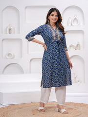 Maluka Women Blue Cotton Printed Kurta Set