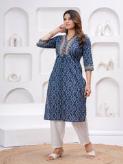 Maluka Women Blue Cotton Printed Kurta Set
