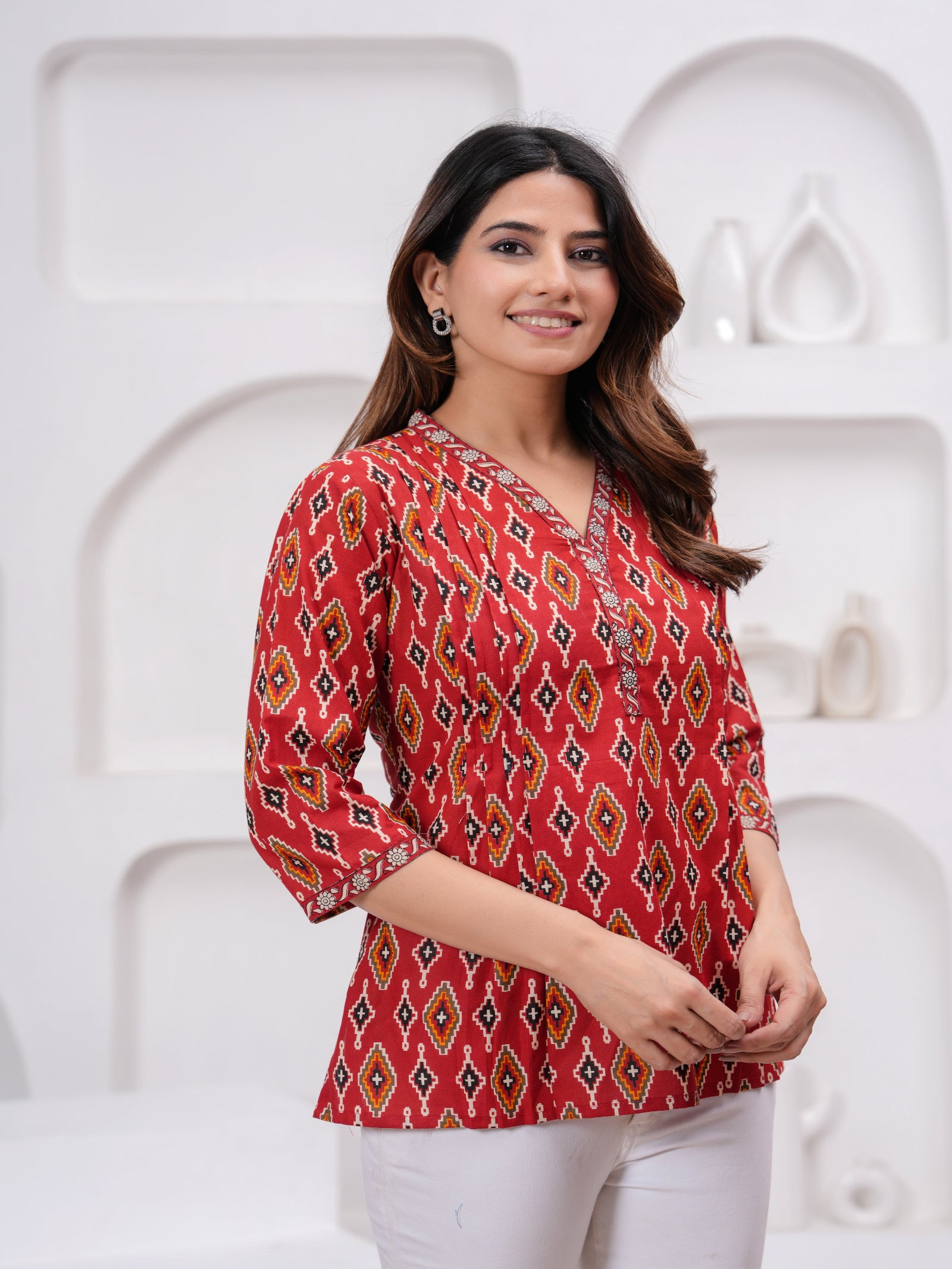 Maluka Women Maroon Cotton Printed Top