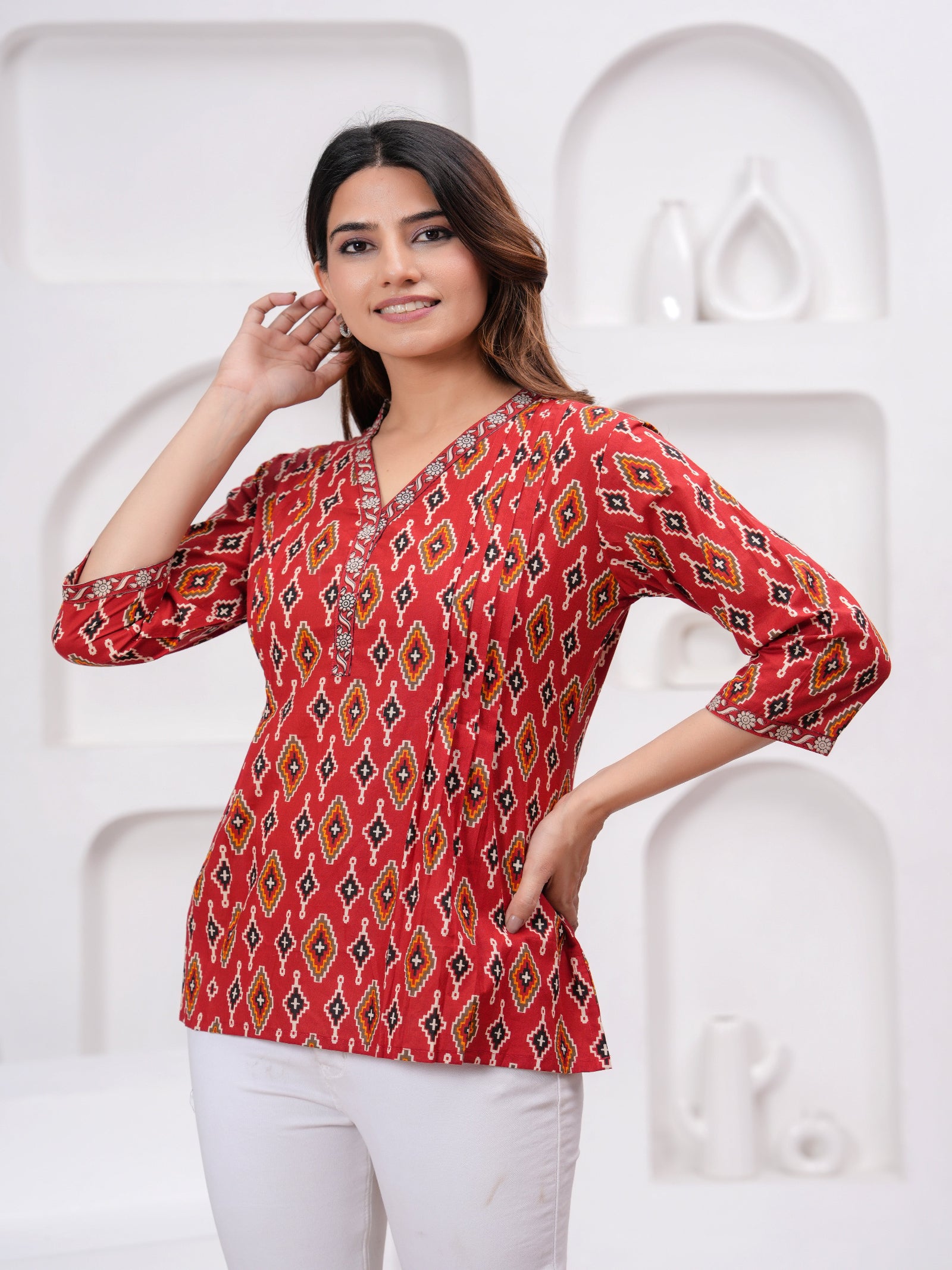 Maluka Women Maroon Cotton Printed Top
