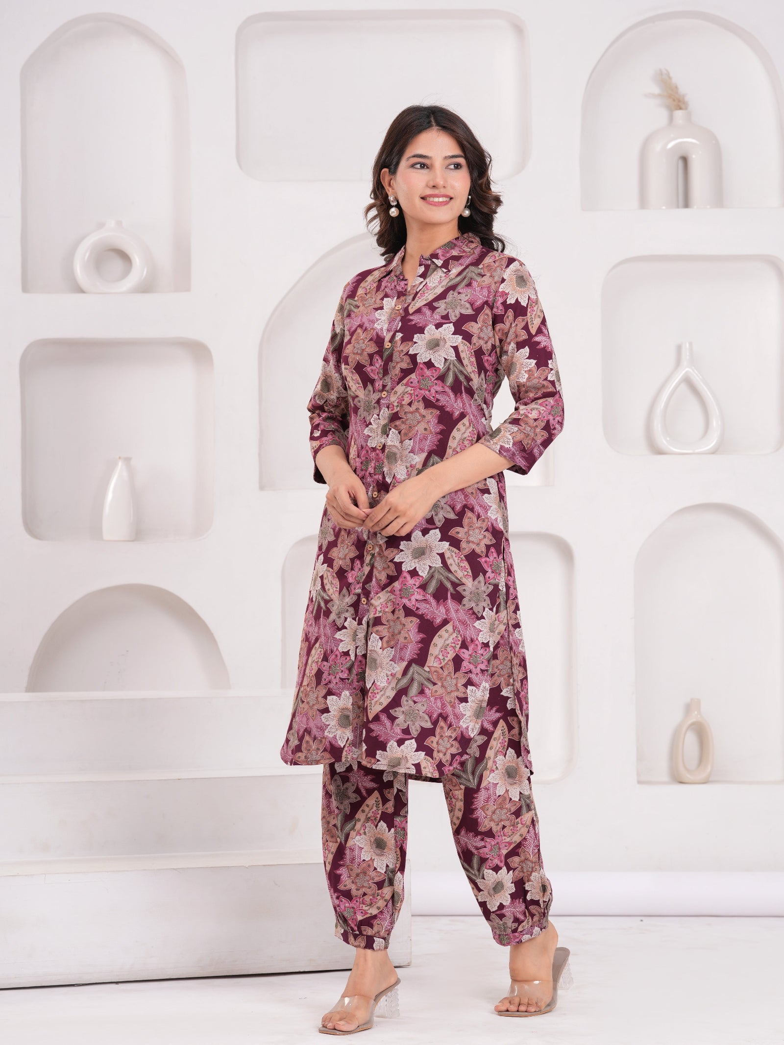 Maluka Women Wine Rayon Printed Foil Kurta Pant Set