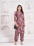 Maluka Women Wine Rayon Printed Foil Kurta Pant Set