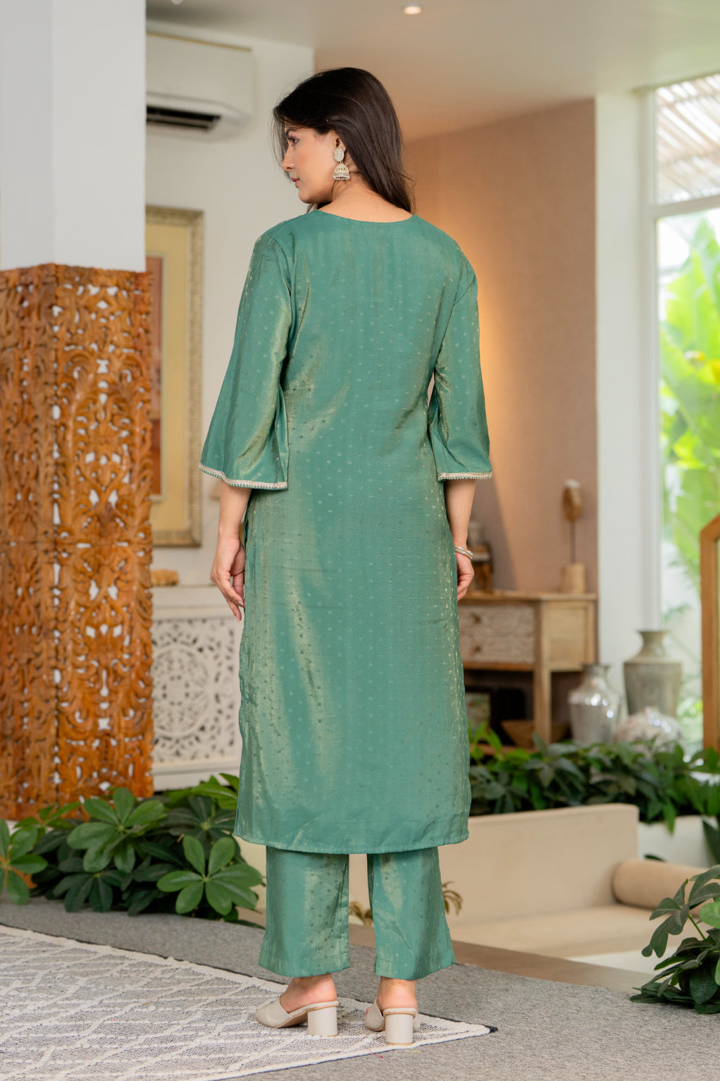 Maluka Women Green Modal Chanderi Kurta Pant Duptta Set