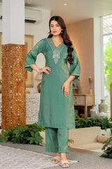 Maluka Women Green Modal Chanderi Kurta Pant Duptta Set
