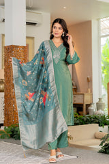 Maluka Women Green Modal Chanderi Kurta Pant Duptta Set