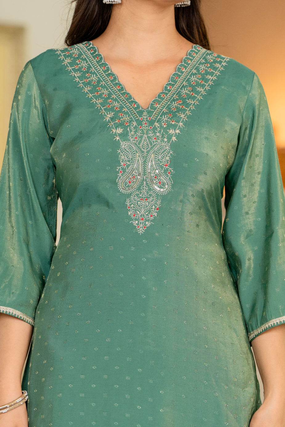 Maluka Women Green Modal Chanderi Kurta Pant Duptta Set