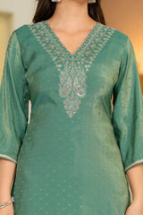Maluka Women Green Modal Chanderi Kurta Pant Duptta Set