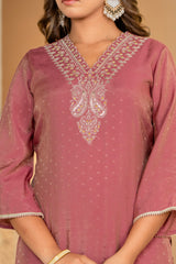 Maluka Women Rose Pink Modal Chanderi Kurta Pant Duptta Set