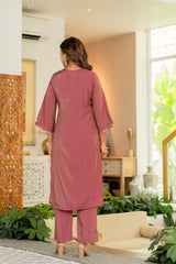 Maluka Women Rose Pink Modal Chanderi Kurta Pant Duptta Set