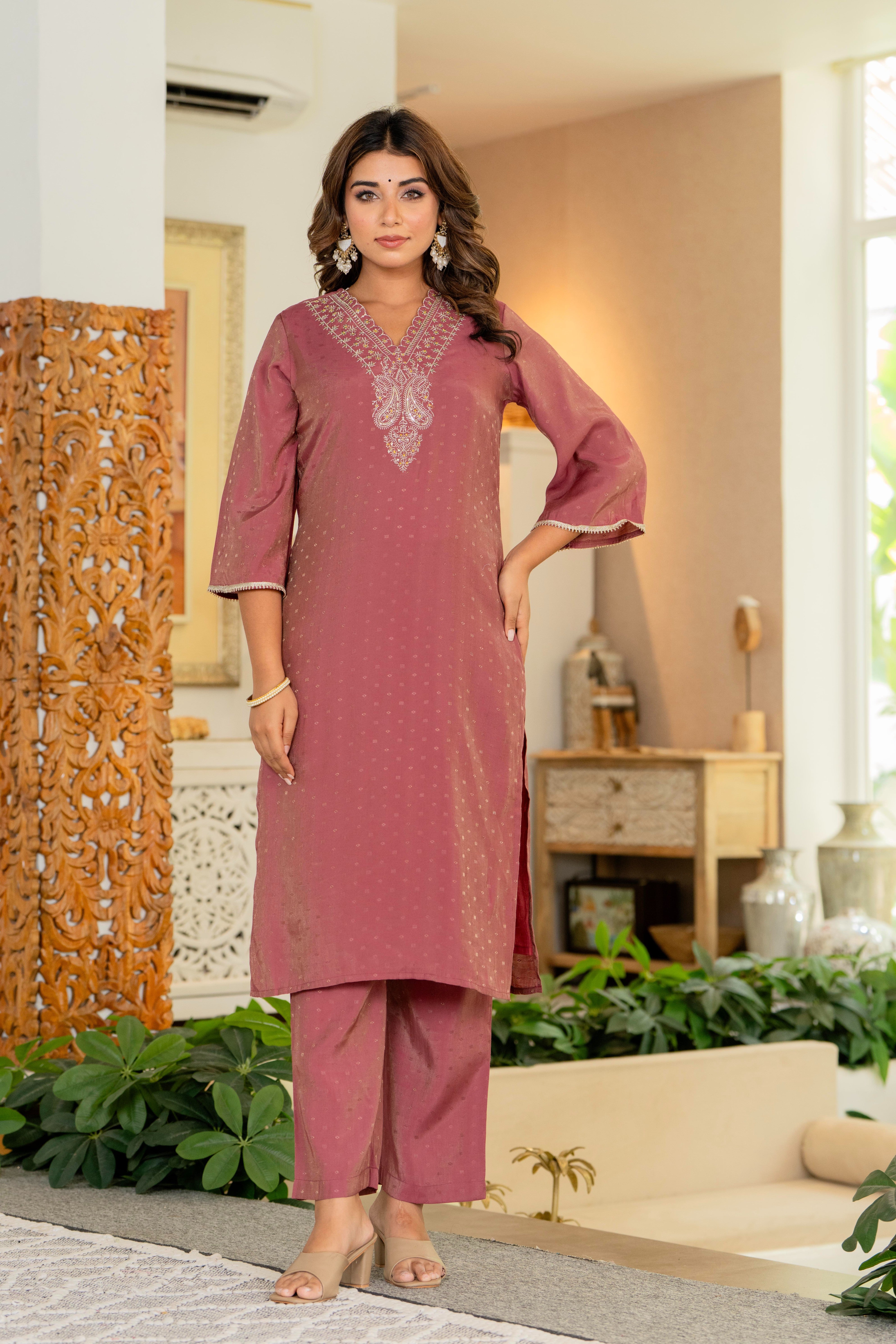 Maluka Women Rose Pink Modal Chanderi Kurta Pant Duptta Set