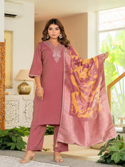 Maluka Women Rose Pink Modal Chanderi Kurta Pant Duptta Set