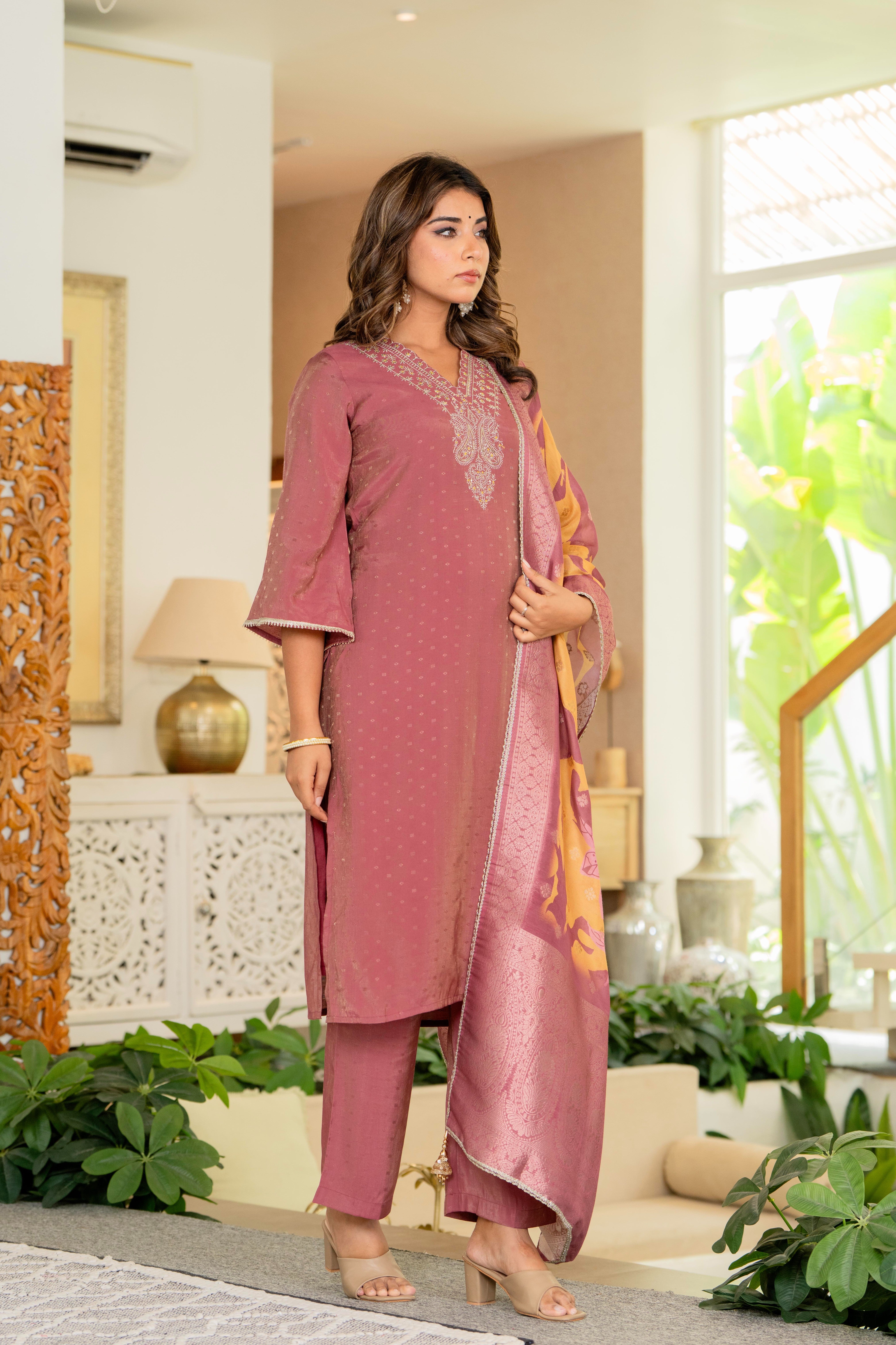 Maluka Women Rose Pink Modal Chanderi Kurta Pant Duptta Set