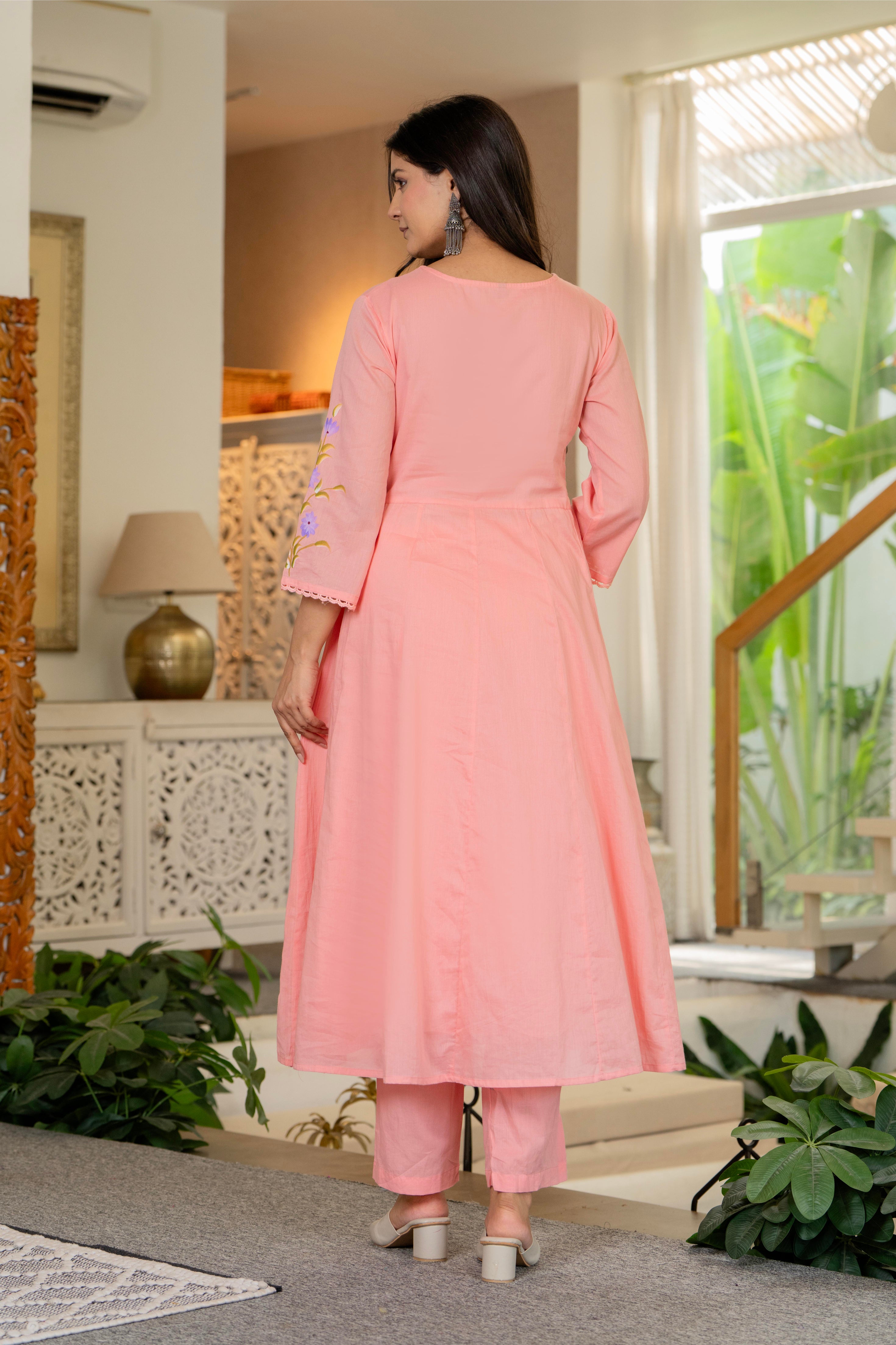 Maluka Women Cotton Peach Kurta Pant Duptta Set