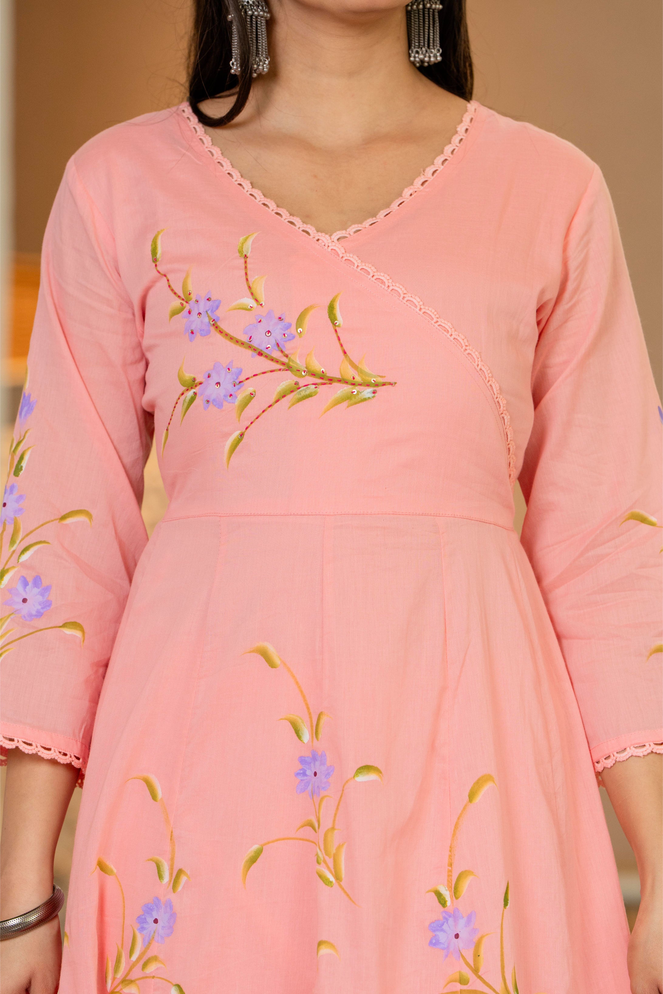 Maluka Women Cotton Peach Kurta Pant Duptta Set