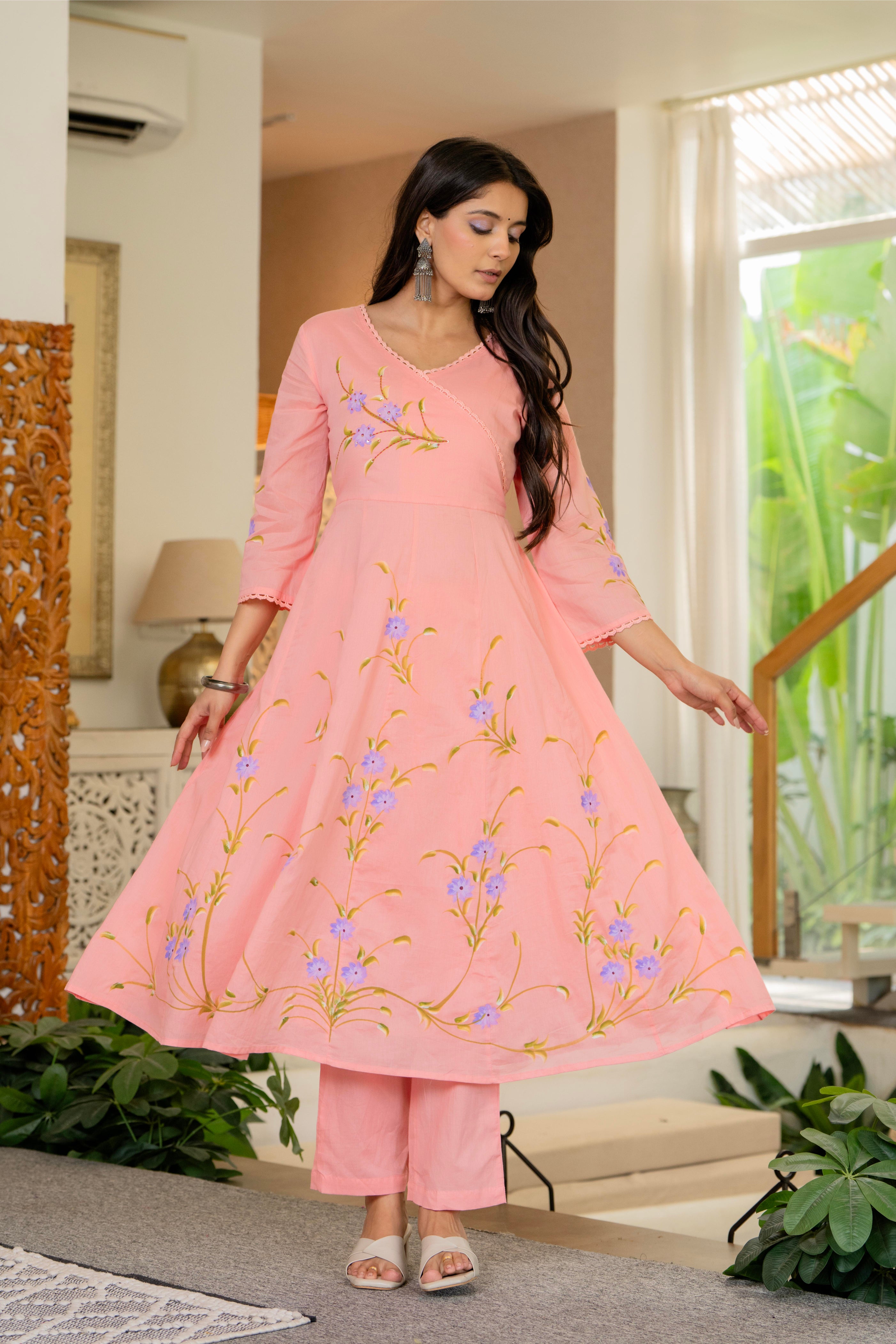 Maluka Women Cotton Peach Kurta Pant Duptta Set