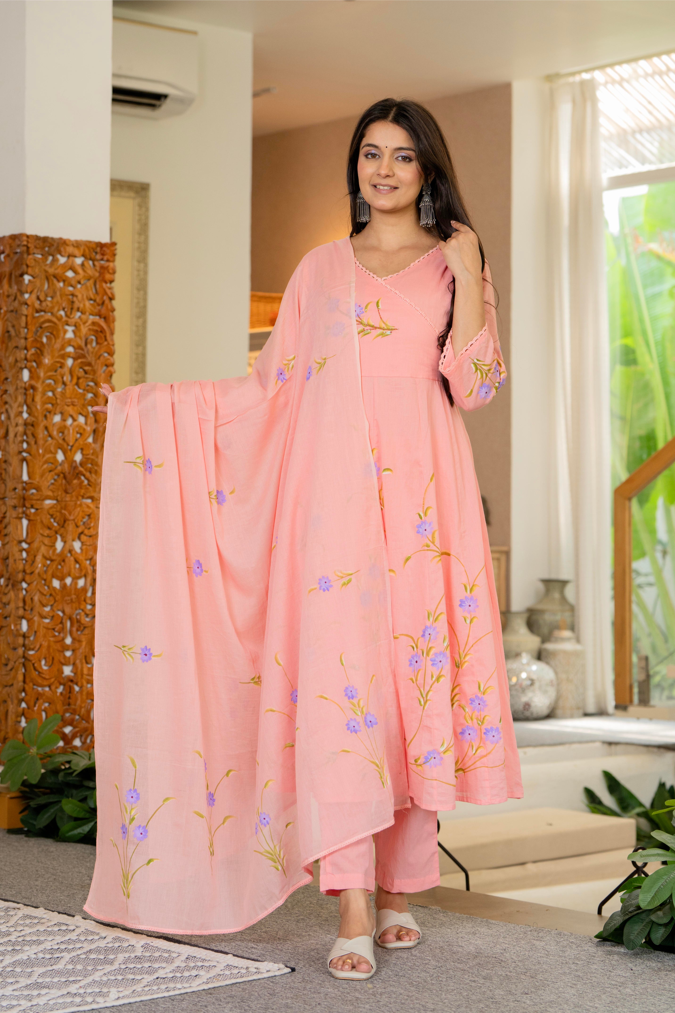 Maluka Women Cotton Peach Kurta Pant Duptta Set