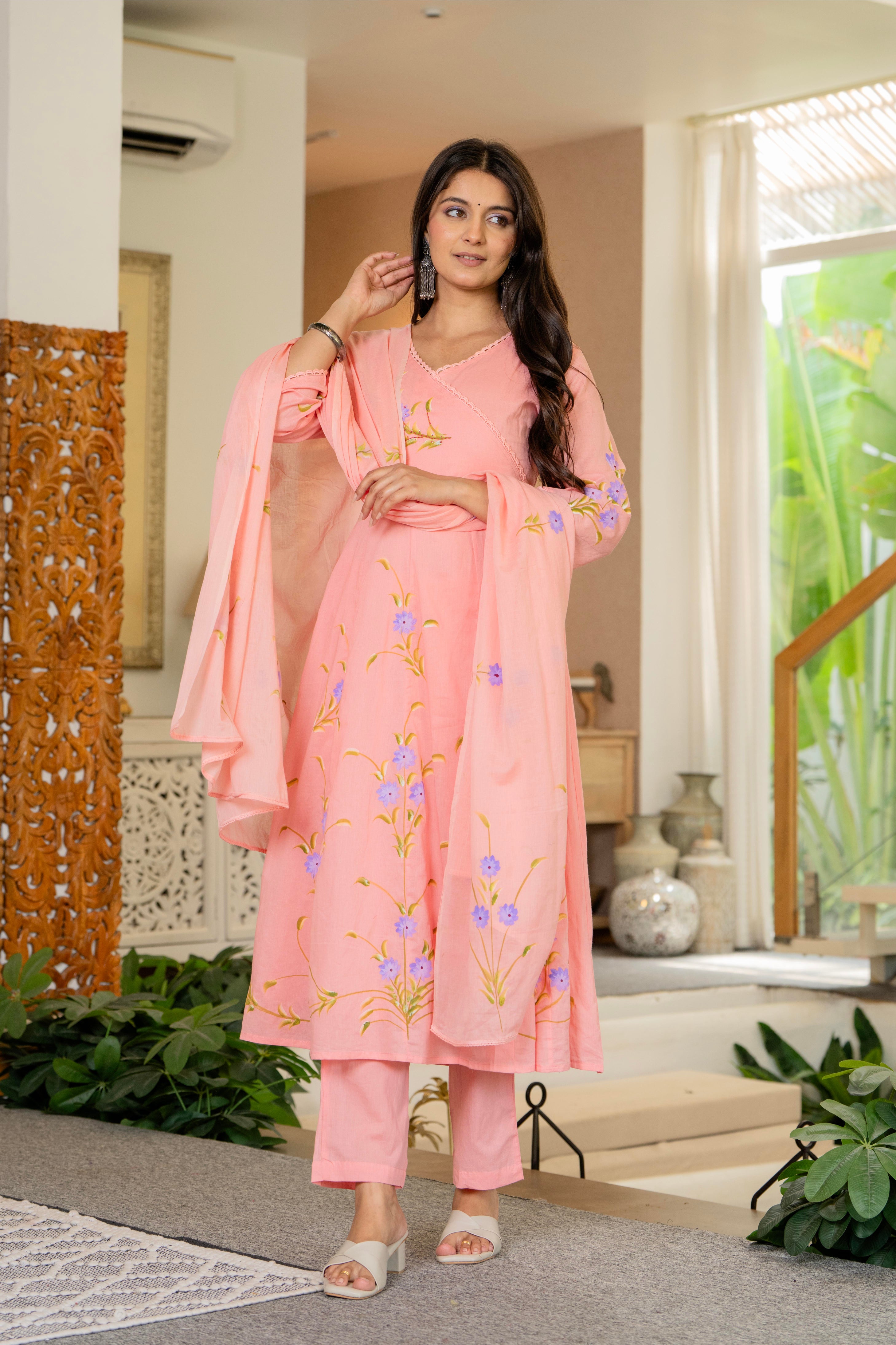 Maluka Women Cotton Peach Kurta Pant Duptta Set