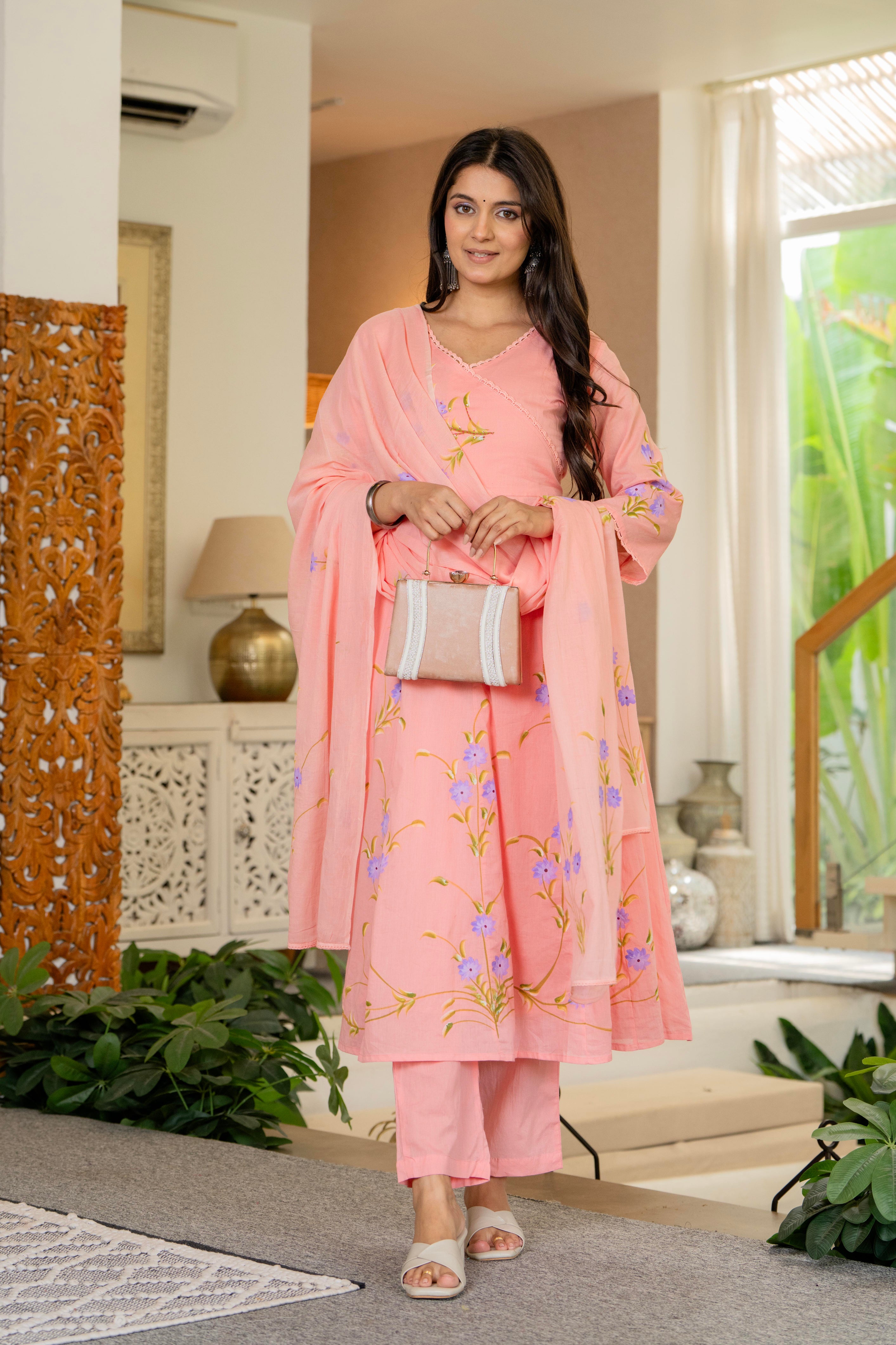 Maluka Women Cotton Peach Kurta Pant Duptta Set