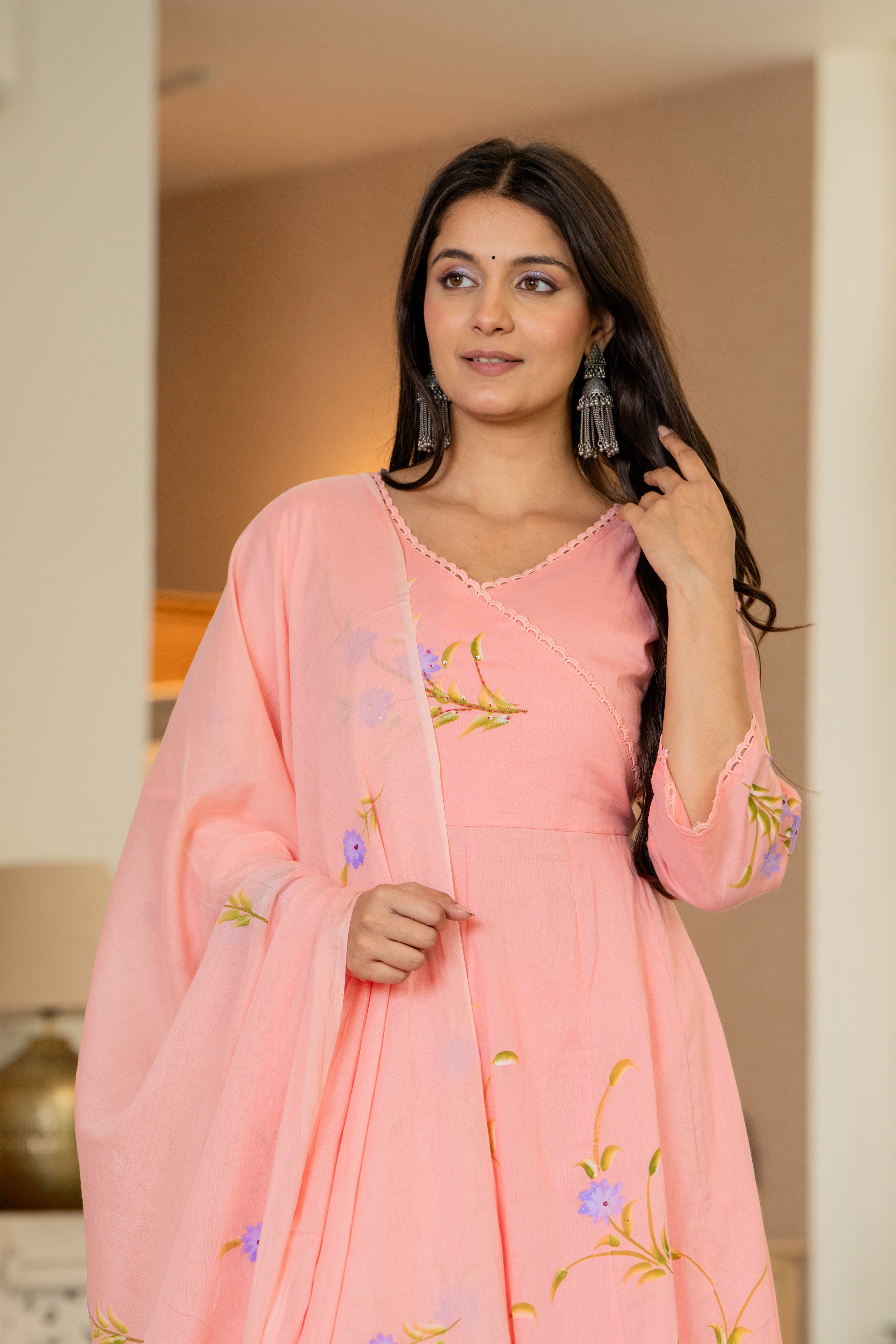 Maluka Women Cotton Peach Kurta Pant Duptta Set