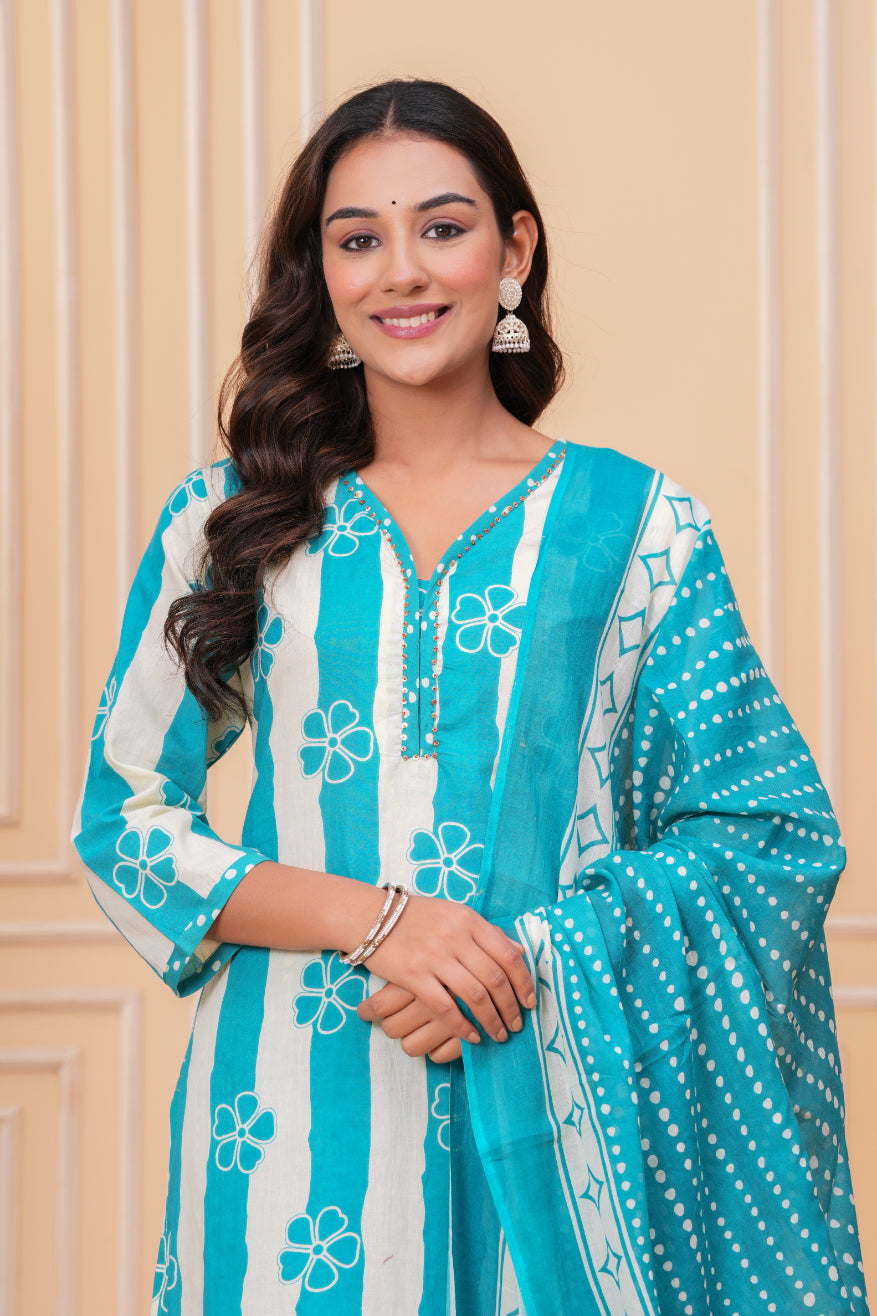 Maluka Women Cotton Floral Printed Kurta Pant Duptta Set