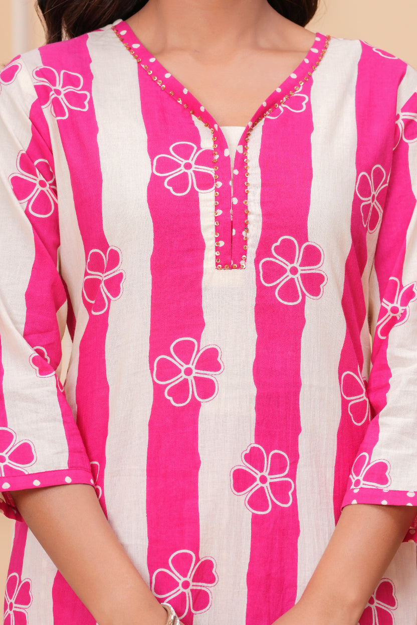 Maluka Women Cotton Floral Printed Kurta Pant Duptta Set