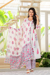 Maluka Women White Pink Cotton Kurta Pant Duptta Set