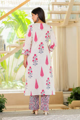 Maluka Women White Pink Cotton Kurta Pant Duptta Set
