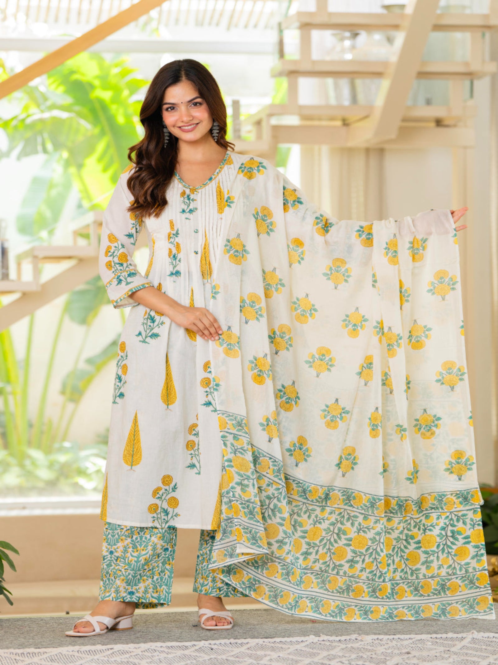 Maluka Women Yellow White Cotton Kurta Pant Duptta Set