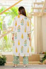 Maluka Women Yellow White Cotton Kurta Pant Duptta Set