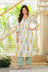 Maluka Women Yellow White Cotton Kurta Pant Duptta Set
