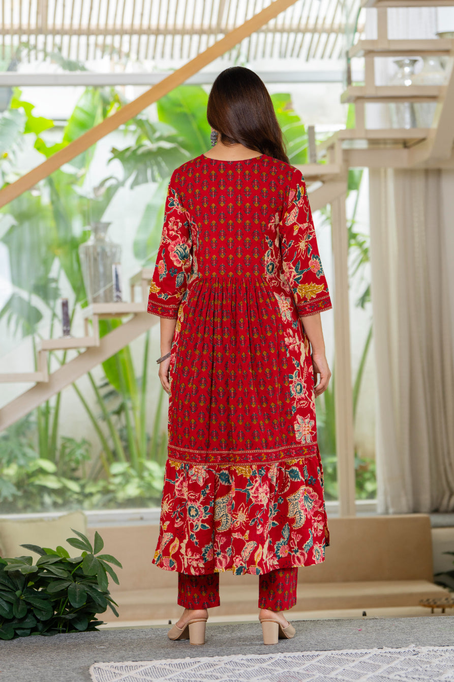 Maluka Women Red Cotton Kurta Pant Duptta Set
