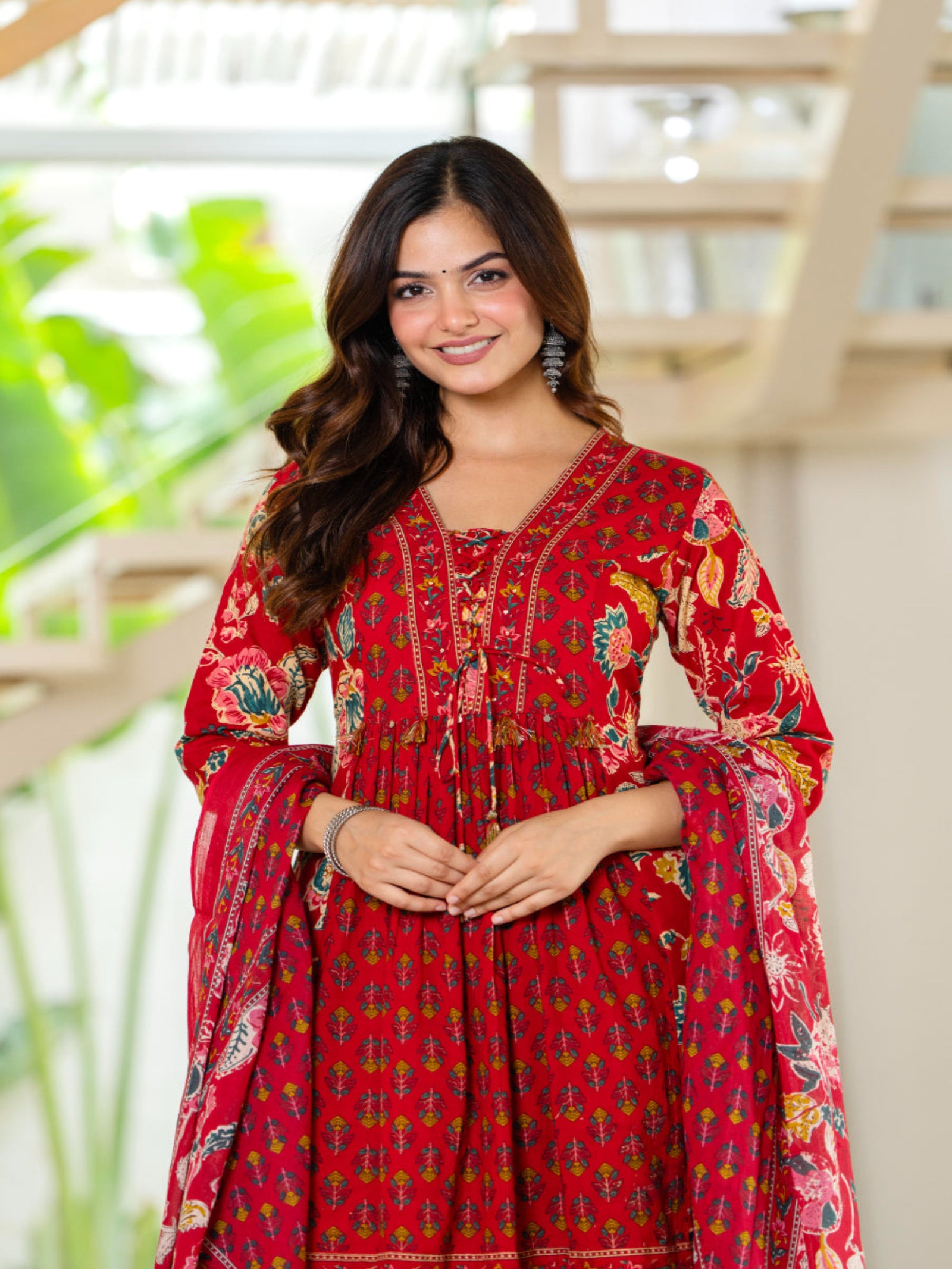 Maluka Women Red Cotton Kurta Pant Duptta Set