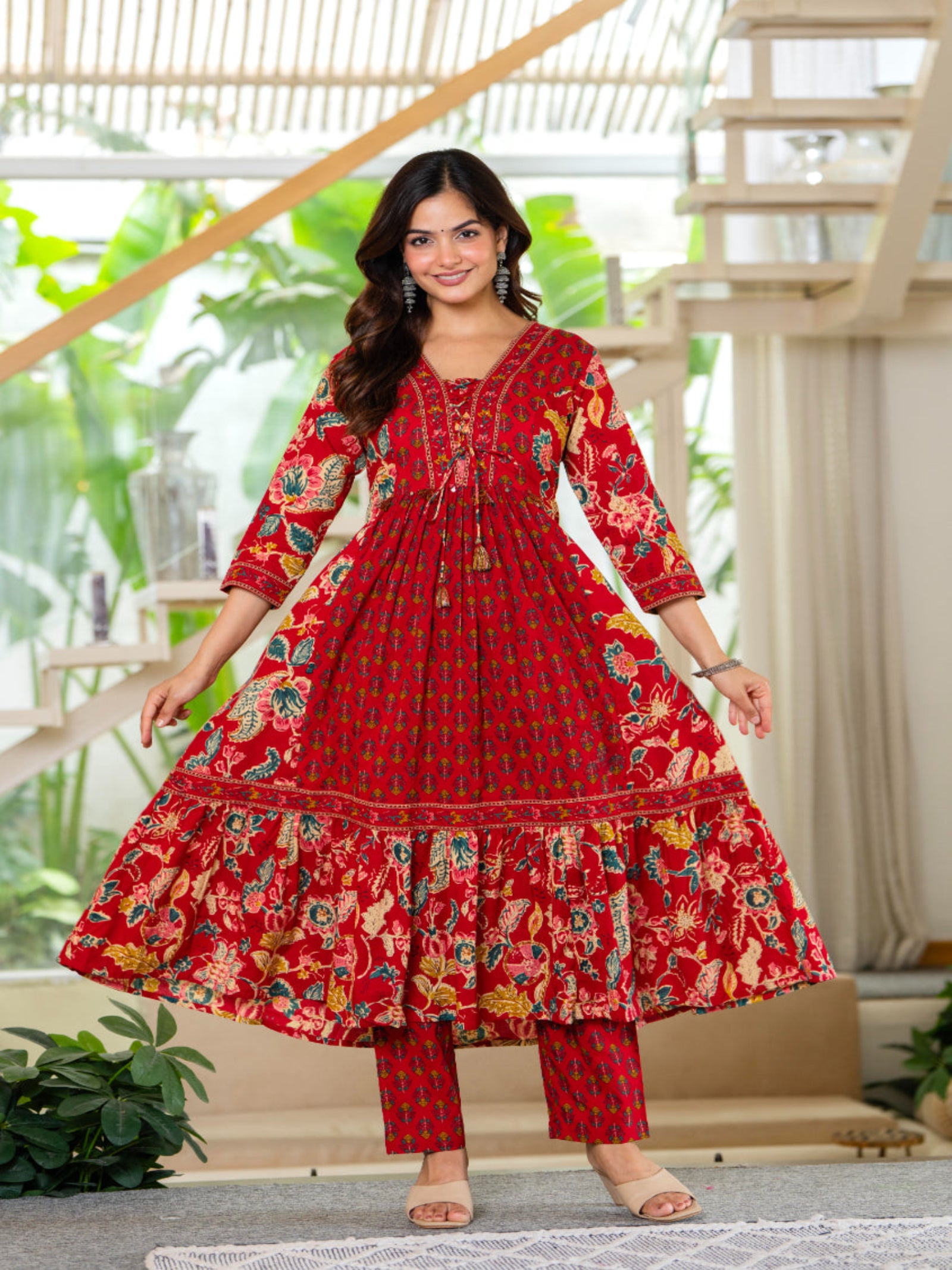 Maluka Women Red Cotton Kurta Pant Duptta Set