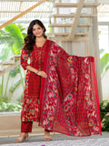 Maluka Women Red Cotton Kurta Pant Duptta Set