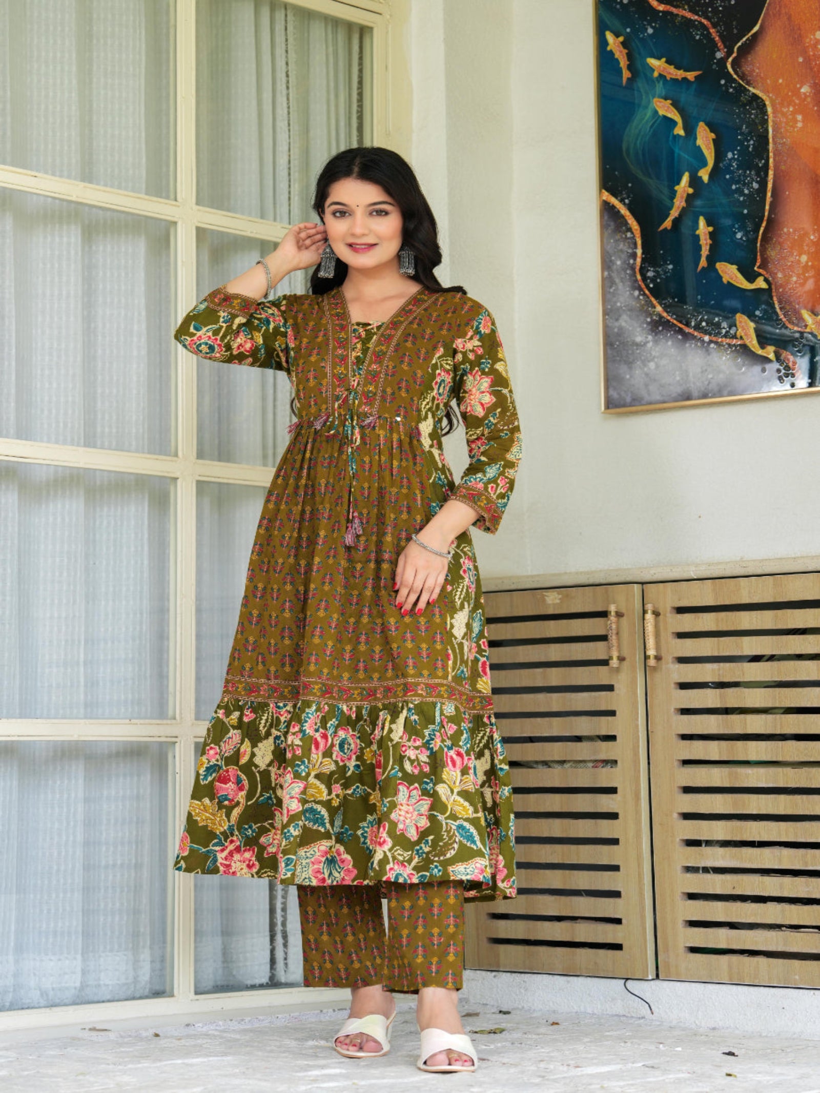 Maluka Women Mehndi Cotton Kurta Pant Duptta Set