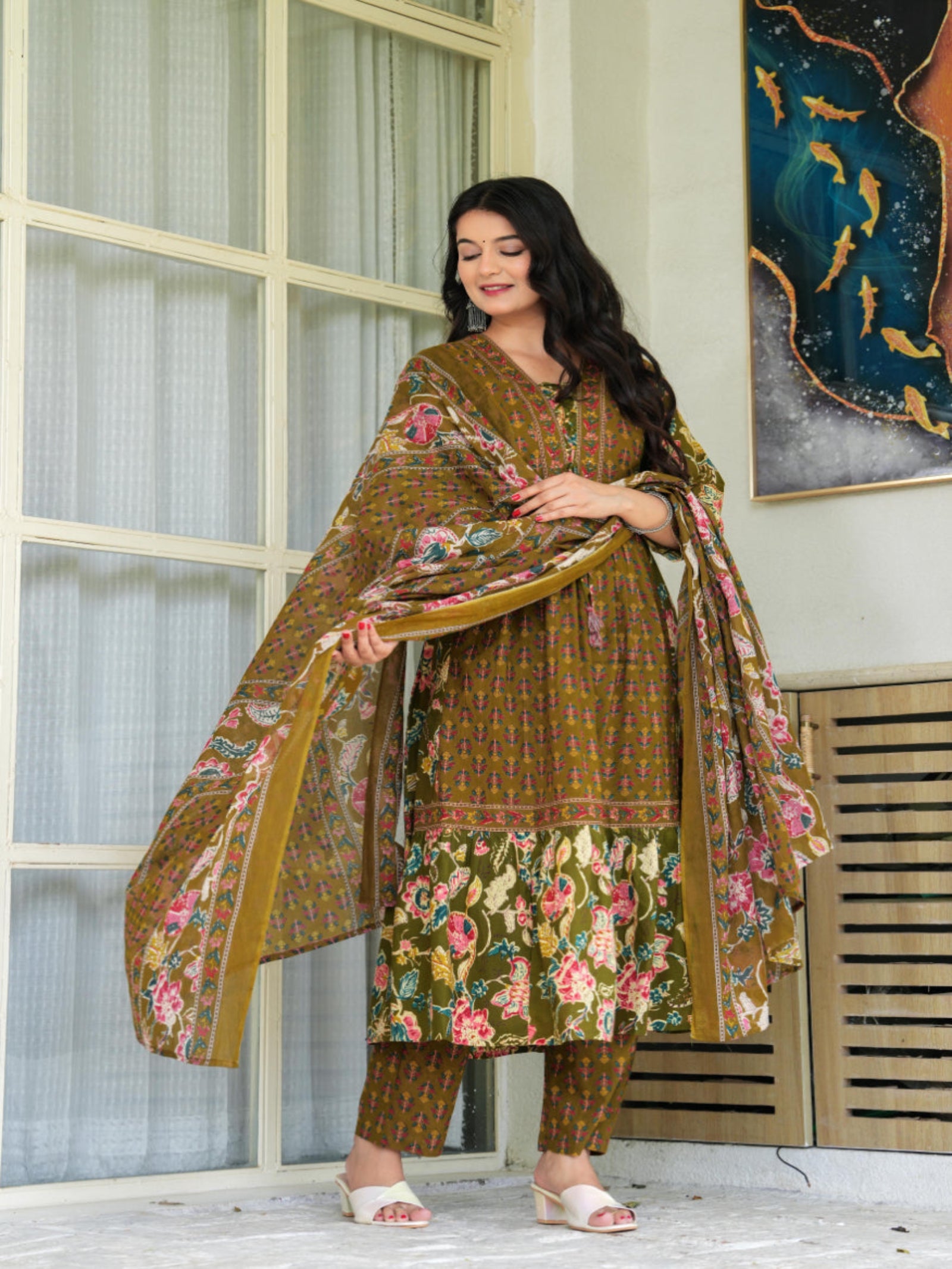 Maluka Women Mehndi Cotton Kurta Pant Duptta Set