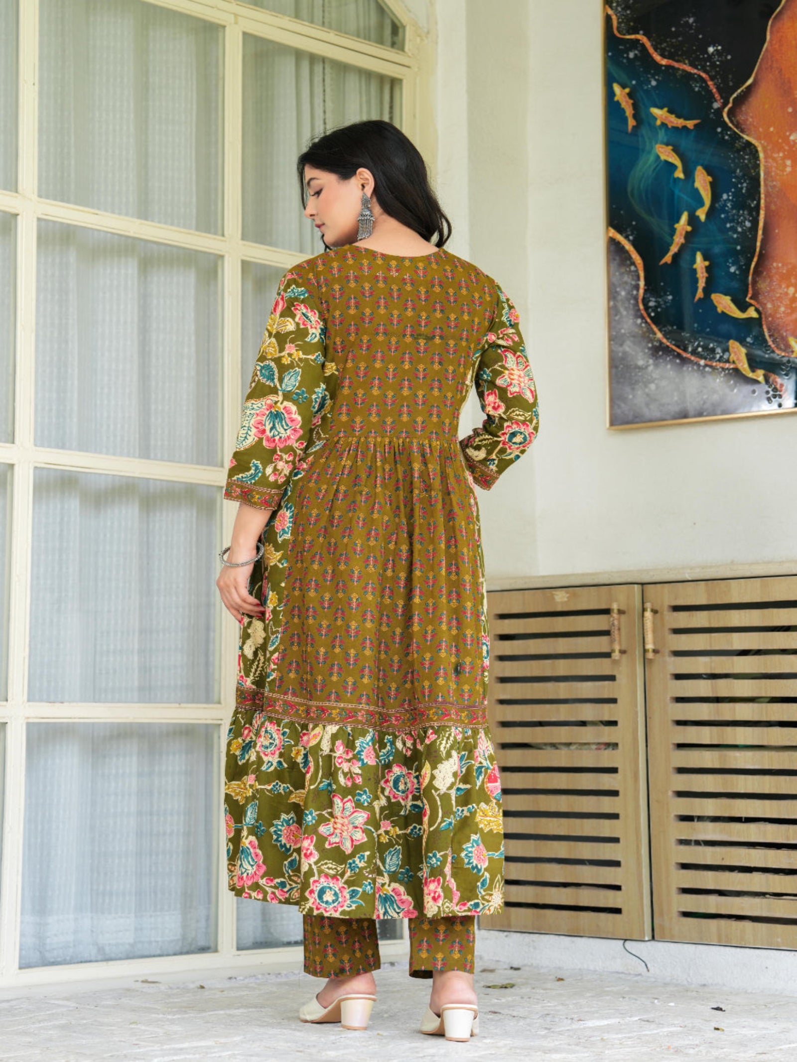 Maluka Women Mehndi Cotton Kurta Pant Duptta Set