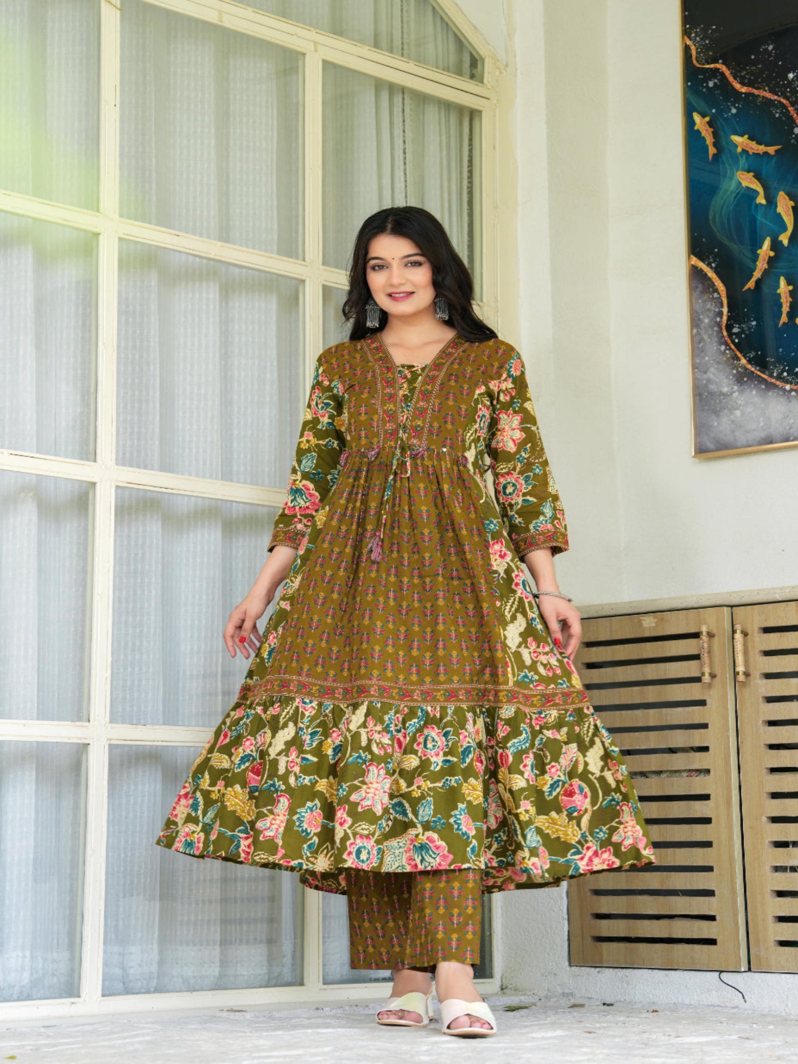 Maluka Women Mehndi Cotton Kurta Pant Duptta Set