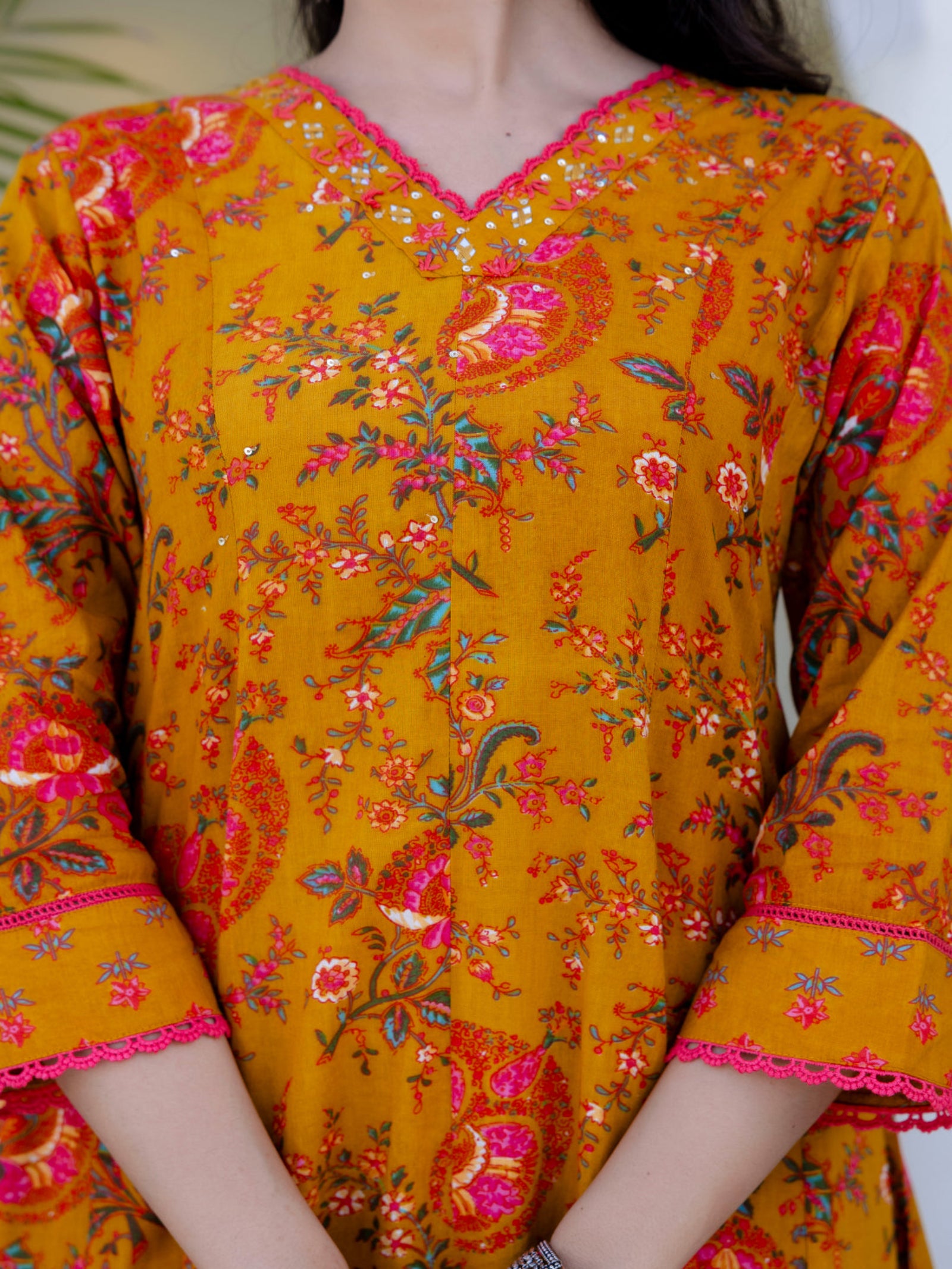 Maluka Women Mustard Cotton Kurta Pant Duptta Set